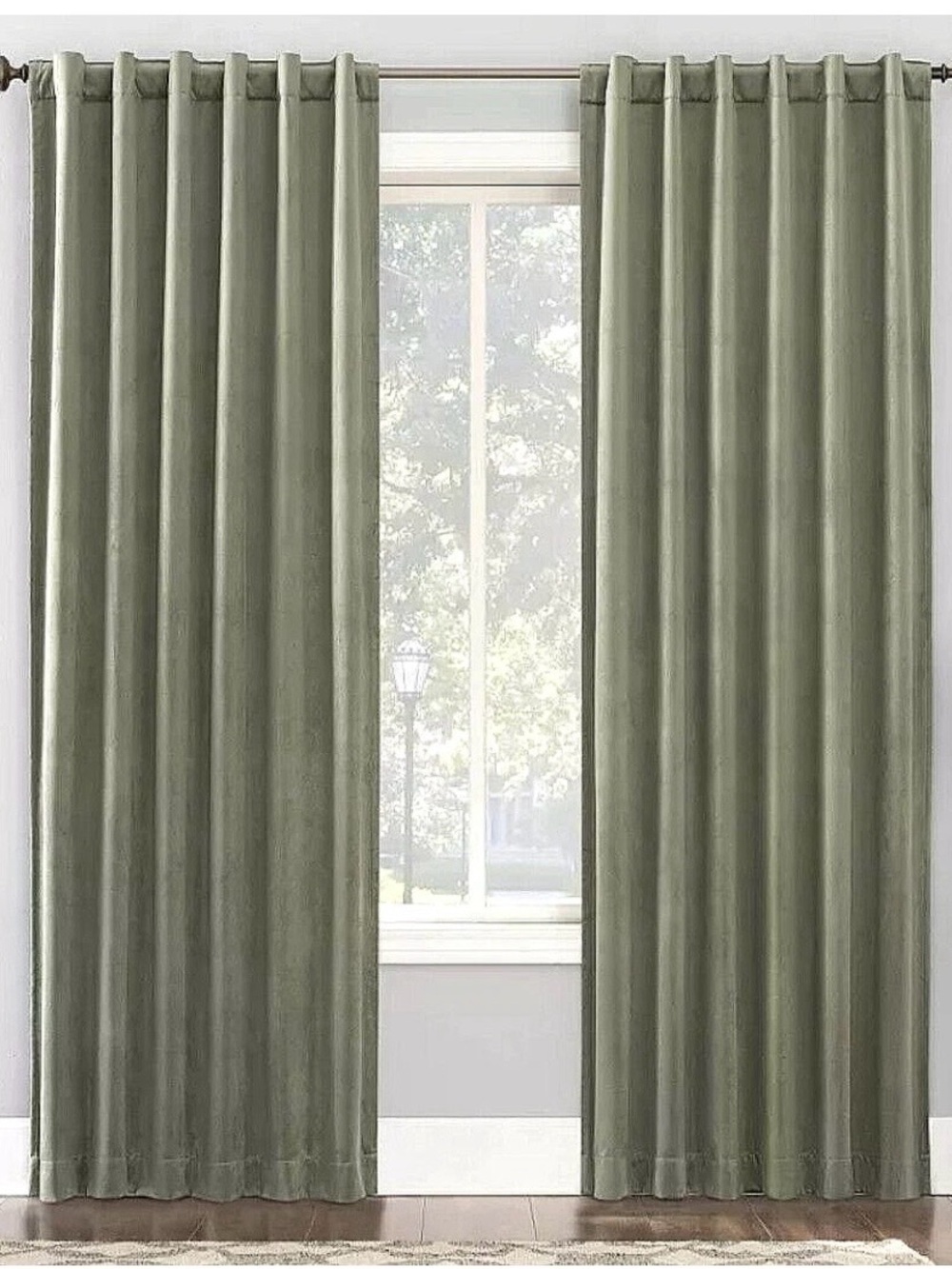 2 panels 50x96 Sun Zero Blackout Amherst Velvet Back Tab Curtains Moss Green